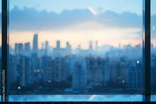 City View From Window on Blue and White Background
