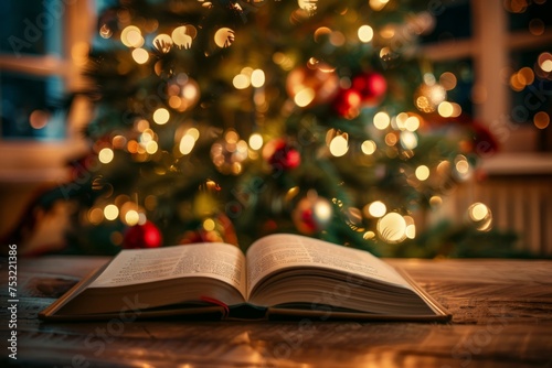 Open Book on Table in Front of Christmas Tree