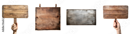 Blank Sign Set of Rustic Wooden and Metallic Ideal for Mockup Banners, Isolated on Transparent Background, PNG