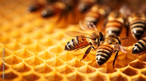 A close-up shot highlights honey bees on a wax honeycomb with hexagonal cells, serving as a background for apiary and beekeeping concepts.