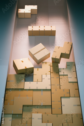 Vast Warehouse Storage: Stacked Cardboard Boxes in 3D Rendered Space