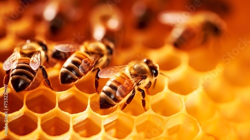 A close-up shot highlights honey bees on a wax honeycomb with hexagonal cells, serving as a background for apiary and beekeeping concepts.