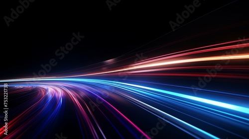 A dynamic composition of bright lines forms lights track of speed movement, presenting a futuristic neon light effect and representing the concept of the speed of light.