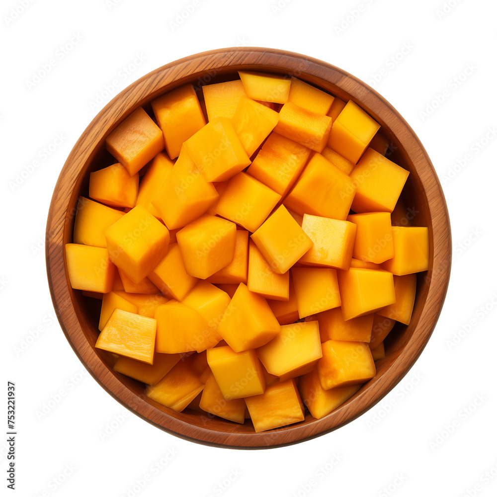 fresh mango in a wooden bowl isolated on transparent or white background, png