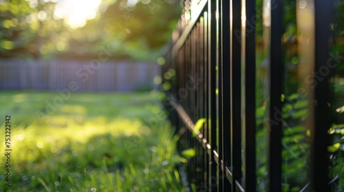 Close-Up of Black Steel Slat Fence in Grass