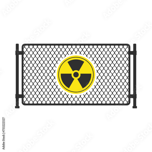 Chain link fence with danger yellow radioactive sign. Fences made of metal wire mesh on white background. Wired Fence pattern in flat style.