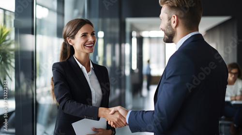 A woman and a man in suits shake hands in the office