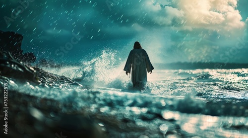 Man Walking Into Ocean in Rain