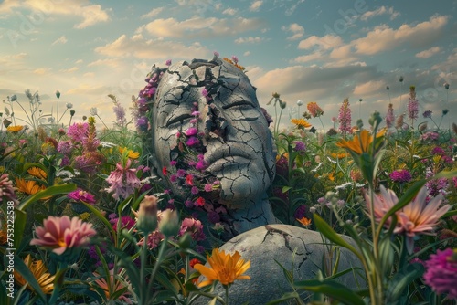 A surreal scene depicting a field of vibrant flowers blooming around a broken human sculpture, symbolizing life emerging from adversity