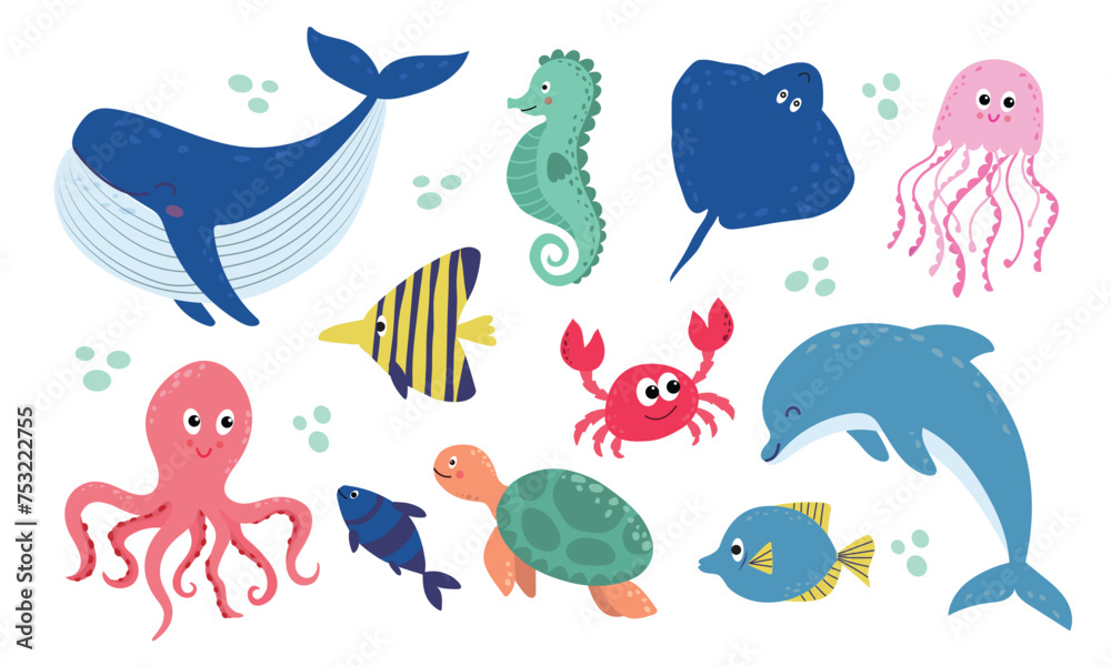 Naklejka premium Set with hand drawn sea life animals.