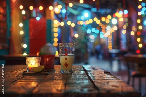 on old wooden table with lights in the style of mexican folklore-inspired, bokeh panorama Generative AI photo