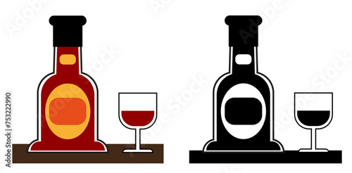 Botella de vino rojo y copa con vino. Vector e ilustración en color, blanco y negro. 