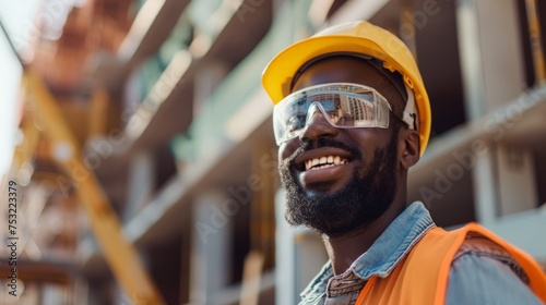 Construction Worker in Hard Hat and Safety Glasses photo
