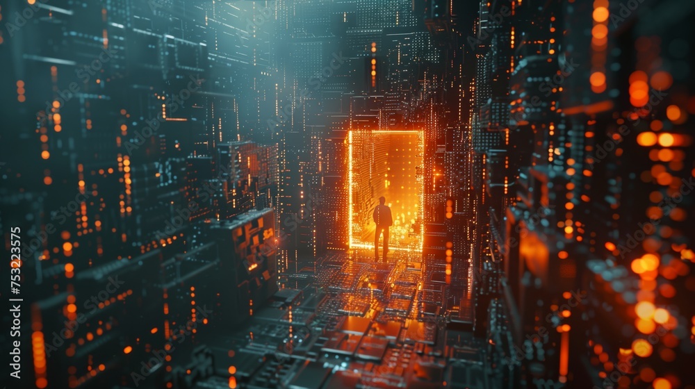 Man Standing in Doorway Surrounded by Yellow Lights. Generative AI Man Standing in Doorway Surrounded by Yellow Lights. Generative AI
