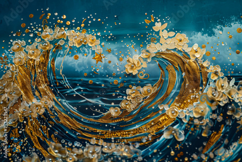 An otherworldly seascape--waves of liquid gold crash against a cerulean sky.