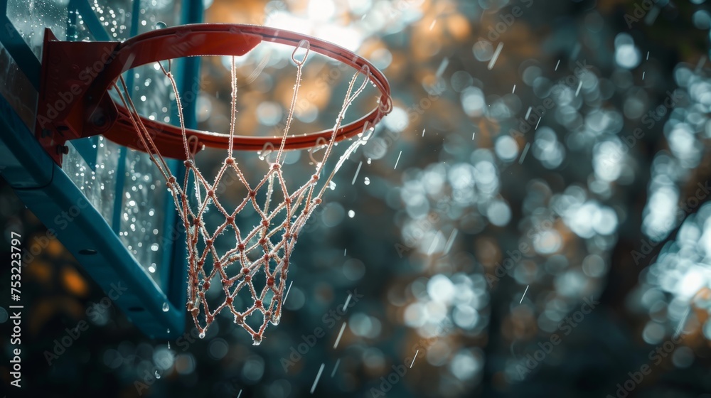 Rain Falling on Close-Up Basketball Hoop