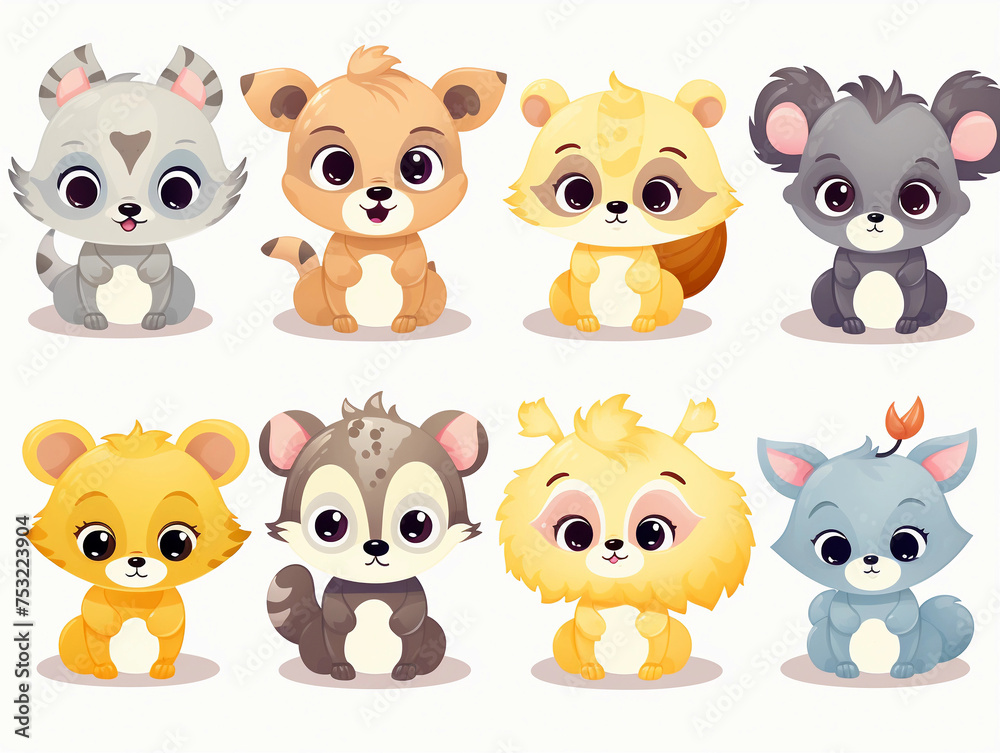 Colorful set of little cartoon animals characters. Baby animals icons set isolated on white background. Cartoon character design. Color illustration of wild animal world. Vector illustration 