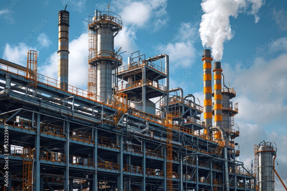 This image displays a chemical plant's sophisticated exterior with towering structures and steam emissions