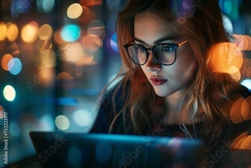 Woman With Glasses Looking at Tablet photo