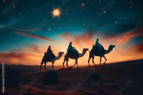 Three Wise Men Riding Camels in the Desert