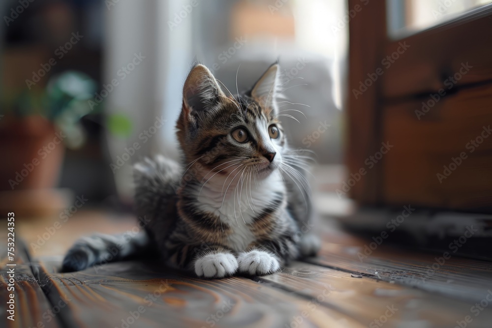 Small Kitten Sitting on Wooden Floor