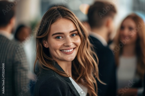 Smiling Businesswoman With People in Background