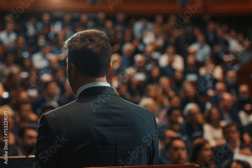 Businessman Addressing Large Crowd at Podium