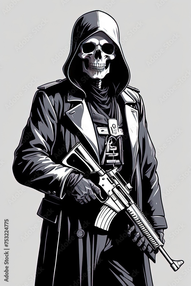 Grim reaper with a gun in his hand, vector illustration. Generative AI.