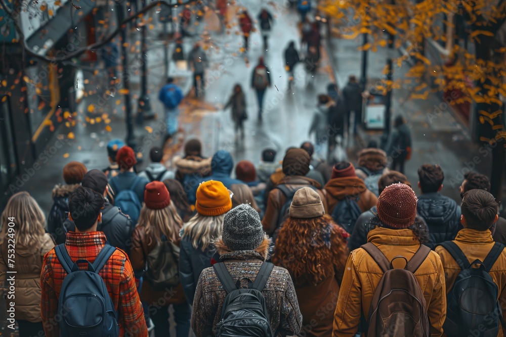 A street view of people walking together, creating a narrative of urban life in autumn A street view of people walking together, creating a narrative of urban life in autumn