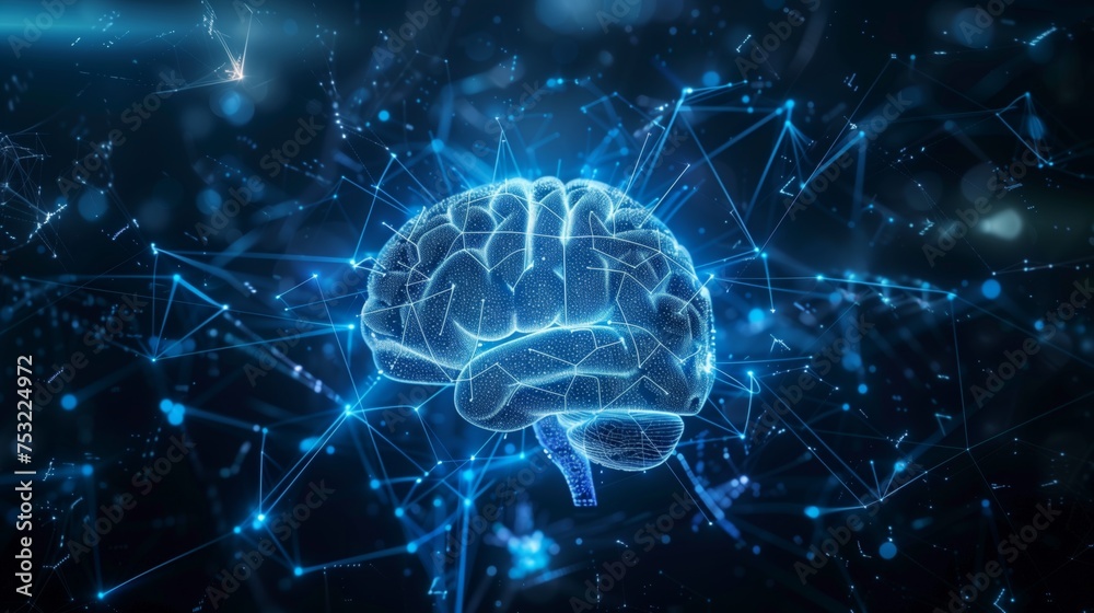 Computer Generated Human Brain With Glowing Neural Network. Generative AI Computer Generated Human Brain With Glowing Neural Network. Generative AI