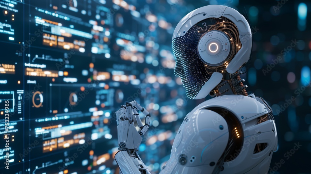 Robot Standing In Front Of Data Wall. Generative AI Robot Standing In Front Of Data Wall. Generative AI