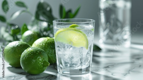 Glass of Water With Limes on Table. Generative AI