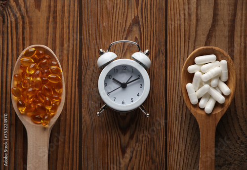 Pills in spoons and alarm clock on a wooden table. Treatment of insomnia