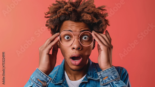 young man with curly hair is holding his round glasses and looking at the camera with a surprised and somewhat confused expression on a coral background. © MP Studio