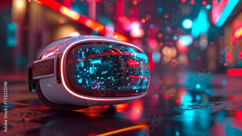 Virtual reality headset on a colorful background. Virtual reality goggles. VR headset. Neon lights