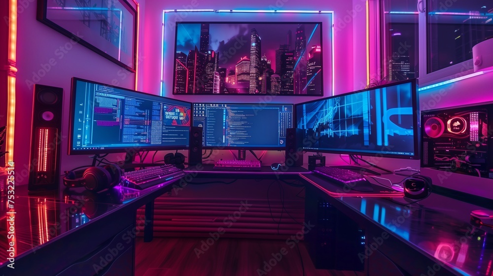 High-Tech Home Office With Multiple Monitors and Speakers. Generative AI High-Tech Home Office With Multiple Monitors and Speakers. Generative AI