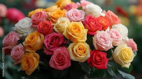 Beautiful bouquet of colorful roses, closeup view