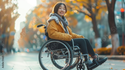 Woman in Wheelchair on City Street. Generative AI