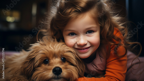 cute little girl hugging a ginger Yorkshire terrier dog in the room