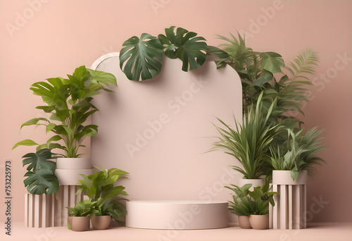Pódio branco com arco de plantas mockup pra produtos expositor photo