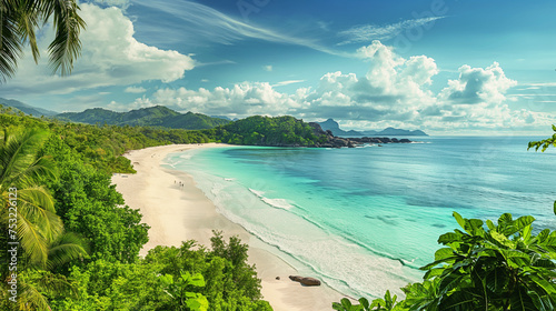 Breathtaking Panoramic View of Pristine White Sand Beaches with Crystal-Clear Waters in the Seychelles, Surrounded by Lush Tropical Vegetation.