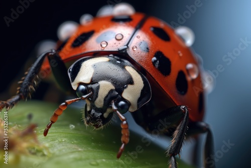 ladybug on green leaf isolated on black background macro close up. Wildlife Concept with Copy Space.  © John Martin