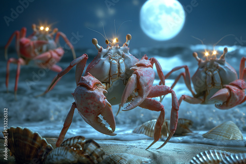Crabs organize a cabaret extravaganza with tap-dancing claws and glittering seashell costumes, AI generated