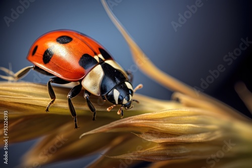 ladybug on a blade of grass on a dark blue background. Wildlife Concept with Copy Space. 
