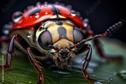 Macro of a red ladybug (Coccinellidae). Wildlife Concept with Copy Space. 