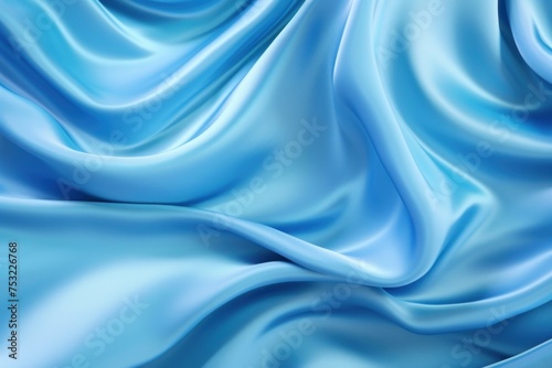 Blue satin background. Wavy silk texture, close-up top view