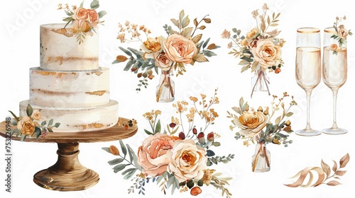 Watercolor wedding set. tiered white cream cake, rustic wood cake stand, champagne glasses, gold wedding, and flower arrangement. Isolated illustration for invitation, save the date
