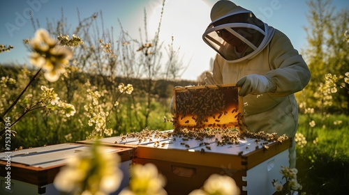Against the backdrop of sunlight and blooming flowers  a beekeeper holds aloft a beehive frame brimming with honey  capturing a picturesque moment in the field.