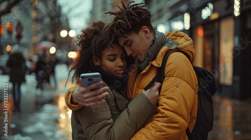 Young couple embracing and still using their mobile phones behind each other s backs