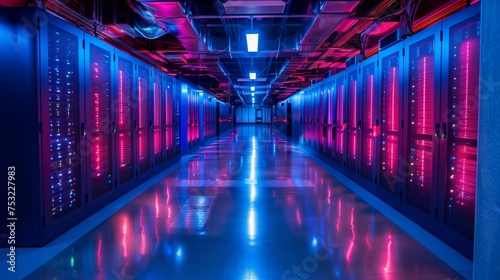 Organized Rows of Red and Blue Servers in Data Center Hallway. Generative AI